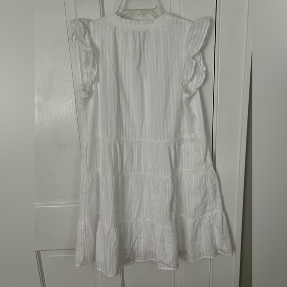 Loft 100% Cotton White Sleeveless Ruffle Pintriped Tiered 1/2 Button Up Dress S - Picture 5 of 10